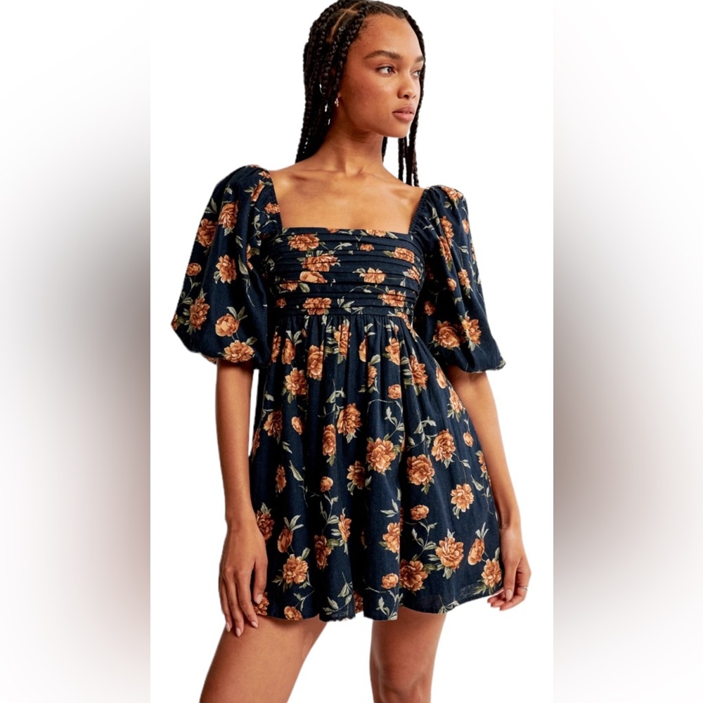 Abercrombie & Fitch Emerson Linen-Blend Puff Sleeve Mini Dress New with Tag